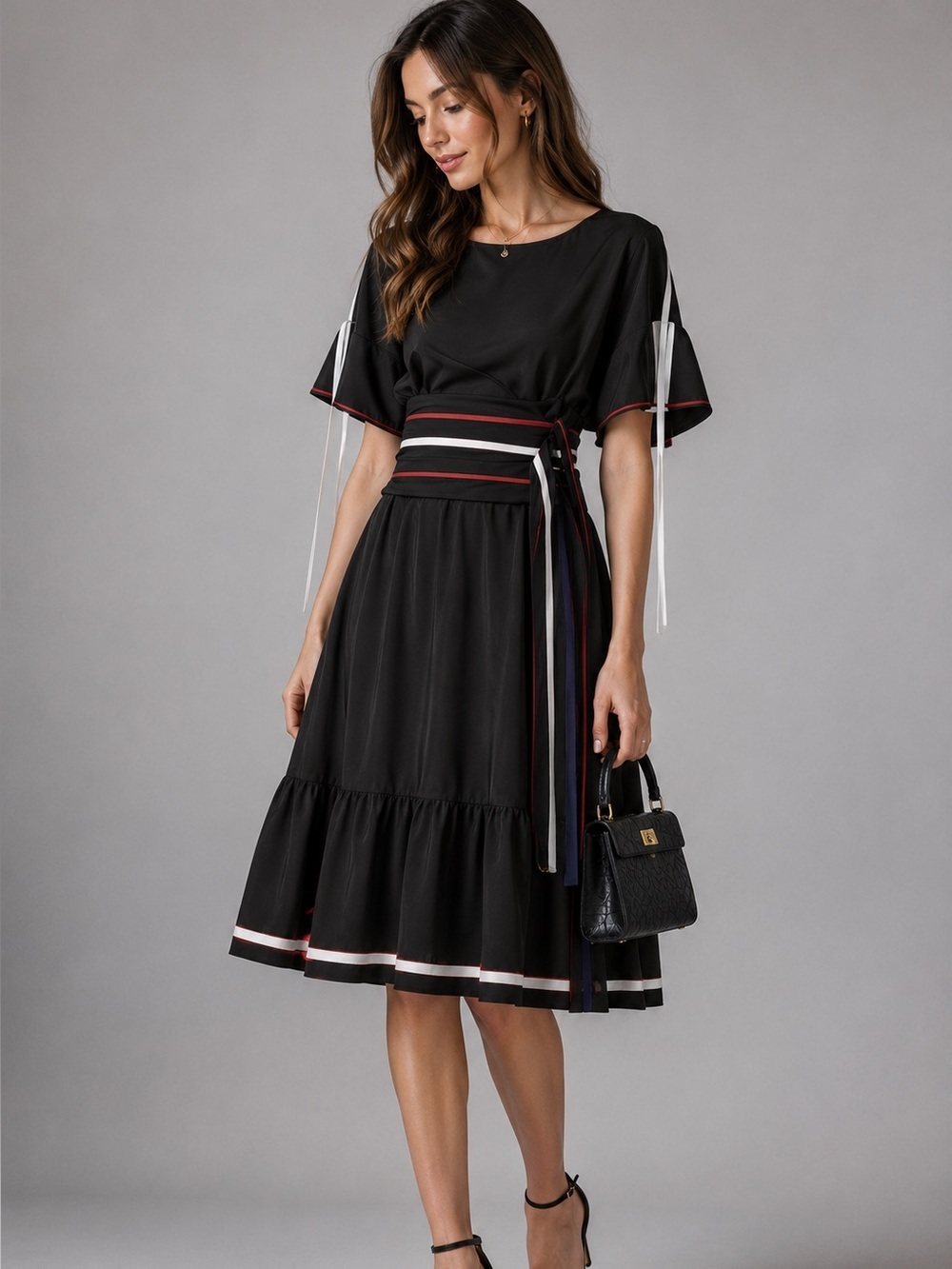 Smarteez Silk Short Sleeve Ribbon Dress Black Italian 0 XS Black Red kimono silk